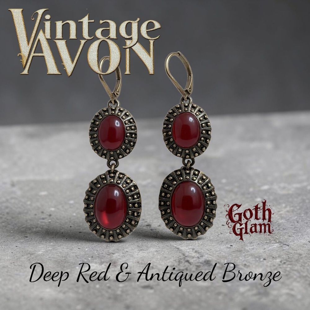 Vintage Avon Gothic Red Cobochon Drop Earrings | Bold Statement | Goth Glam